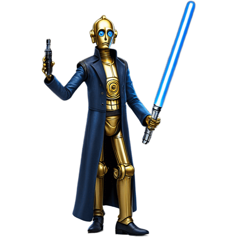 tarnished undercover tough well-equipped Jedi  life-sized darkblue-pearl C3po as a friendly droid wearing a leather clothing pants and vest old west duster coat holding light saber sheriff emoji