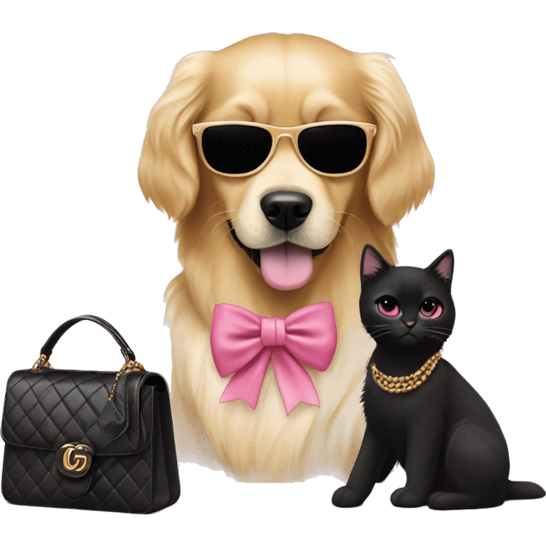 Cute golden retriever with pink bow and Chanel purse and a black cat wearing Gucci with sunglasses on emoji