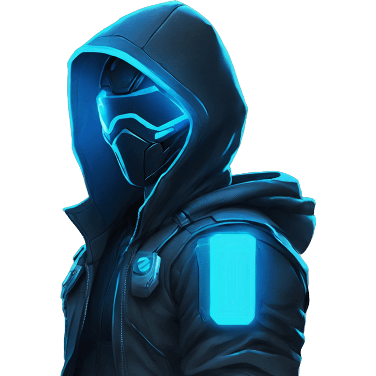 developer behind his laptop with this style : crysis Cyberpunk Riot Games Valorant neon glowing bright blue character blue black hooded assassin themed character emoji