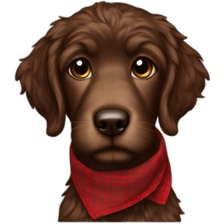 Chocolate brown colored doodle with a red and black flannel hankerchief emoji