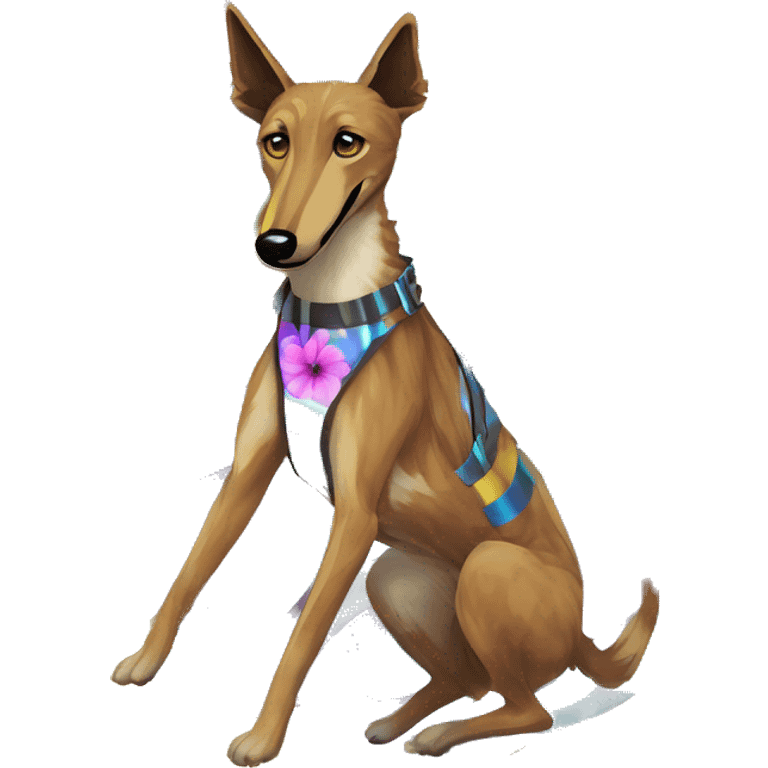  brindle brown black maroon striped lurcher Alsatian fox running blue eyes and iridescent holographic oilslick harness wearing paper iridescent tropical flower crown yellow caution tape emoji