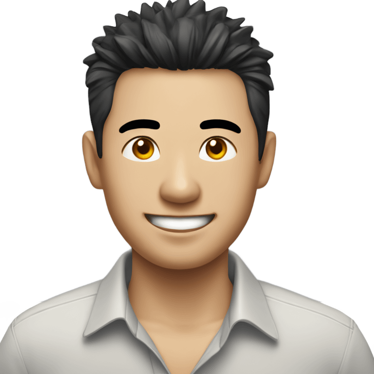 chinese man 40yo with spiky short black hair smile, smart buttoned shirt emoji