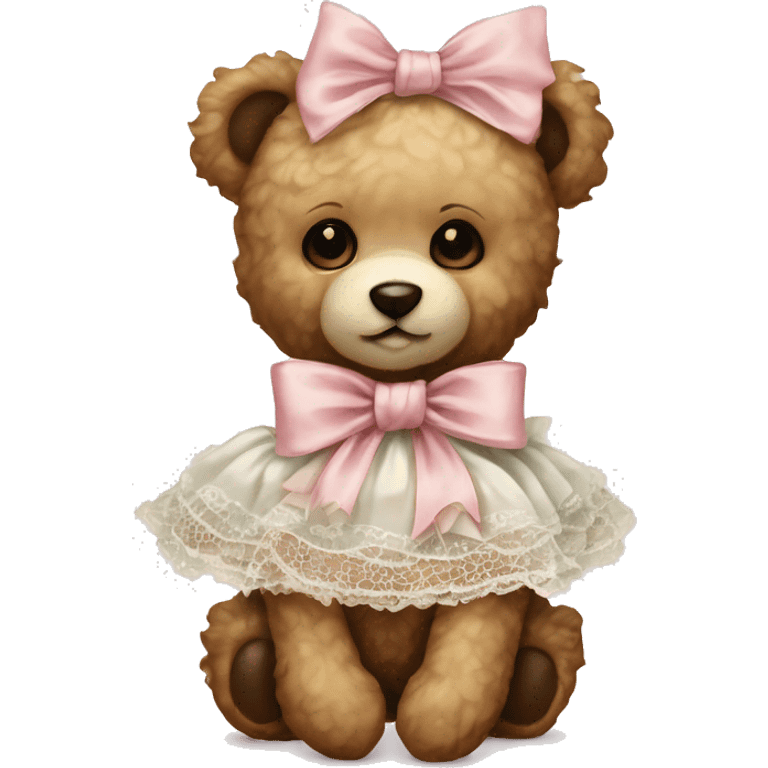 vintage rococo teddy bear with a light pink bow that has lace and frills emoji