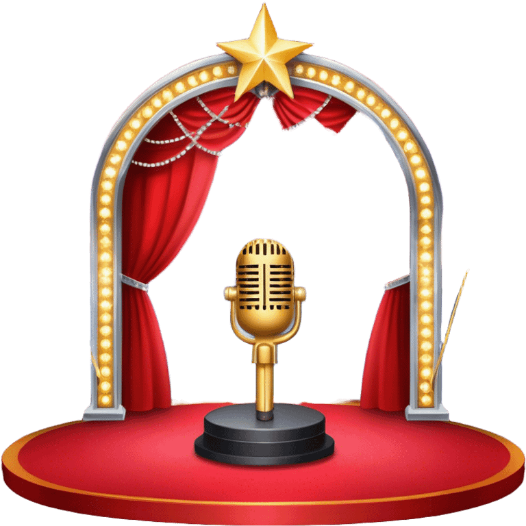 Create a glamorous and vibrant emoji that represents pop or stage vocal performance. The design should feature an empty stage with concert lighting. Include elements like an iconic stage microphone with a sparkling, rhinestone-studded microphone stand, set on a red carpet, a celebratory firework display in the background and a ribbon of musical notes flowing around the scene to symbolize the performance's energy. Use bright colors like gold, red, and silver to emphasize the excitement and glitz of the pop vocal world. The background should be transparent. emoji