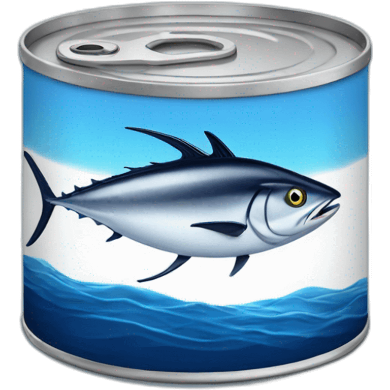 Realistic small can of tuna showing a blue sailling boat on a sea background emoji