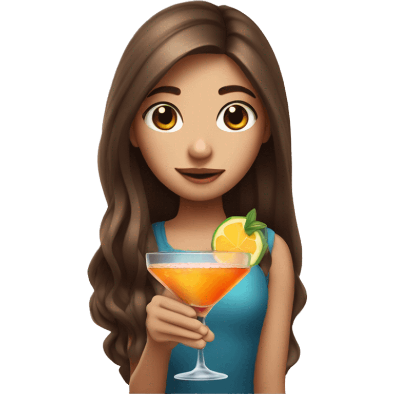 Dizzy cute girl with long brown hair holding a cocktail emoji