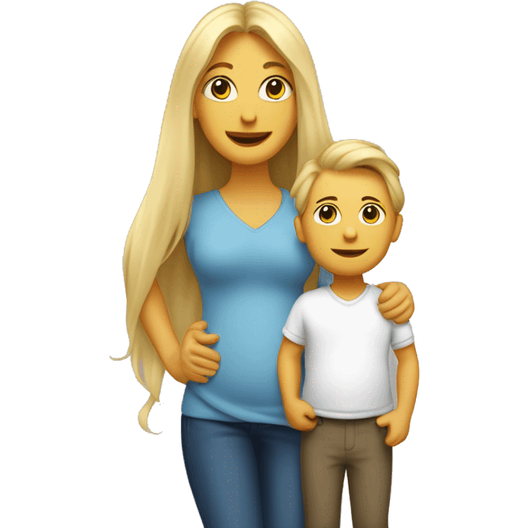 An emoji of a mother with long, flowing blonde hair standing confidently, next to her husband. In her arms, or in front of them, is a baby boy, representing a happy and loving family emoji