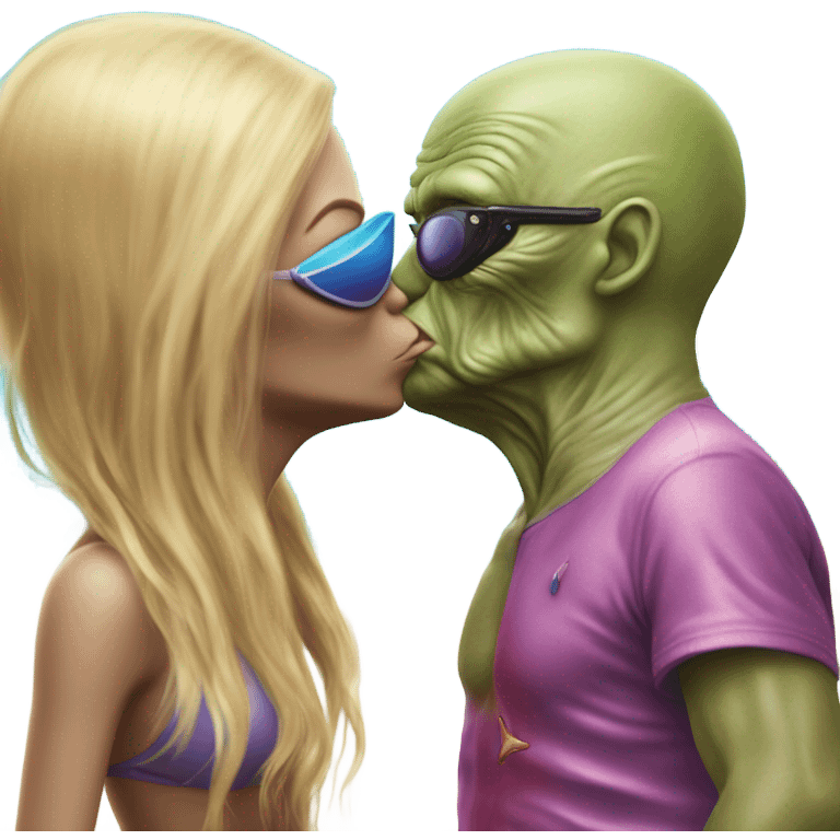 Photo realistic, Donald Trump, kissing and embracing alien woman at the beach by the pool emoji