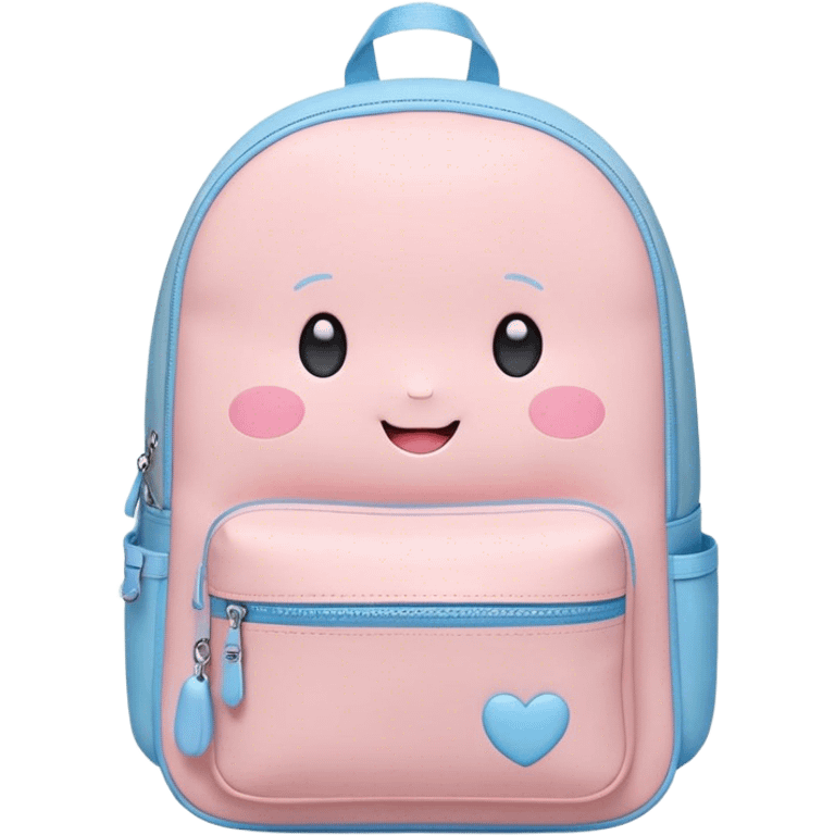 Cute Kawaii Backpack, round and chubby, soft pastel pink and blue, tiny heart-shaped zippers, blushing cheeks, a tiny smiling face, a happy school-time companion! emoji