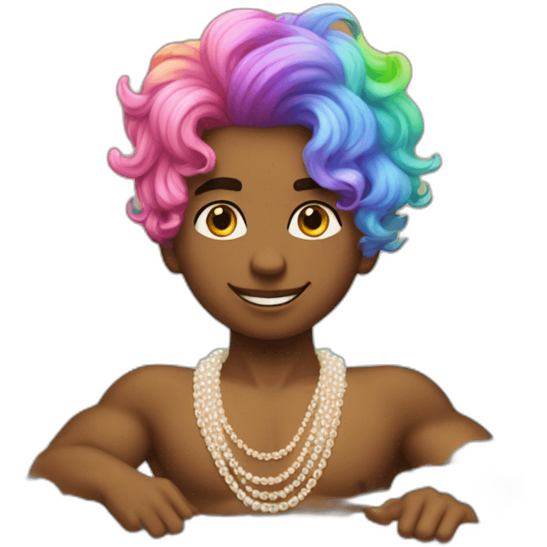 posh-muscle-boy-with-pearl-necklace-and-rainbow-unicorn-hair-in-golden-bathtub emoji