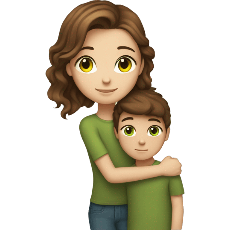 brown hair girl, with green eyes and fair skin hugging boy with light brown hair brown eyes and fair skin emoji