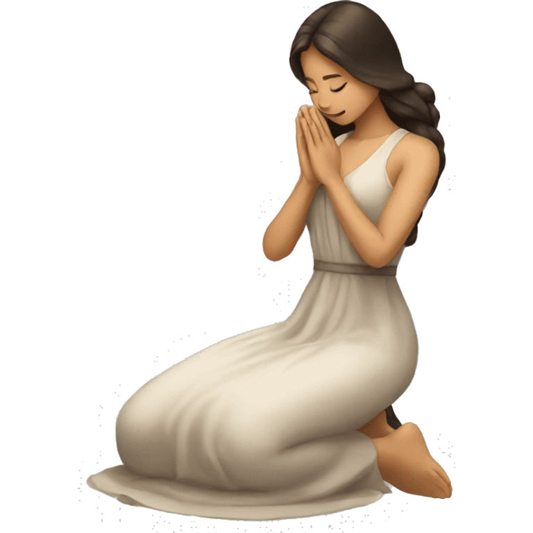 A woman kneeling praying, in a long dress, long dark brown hair emoji