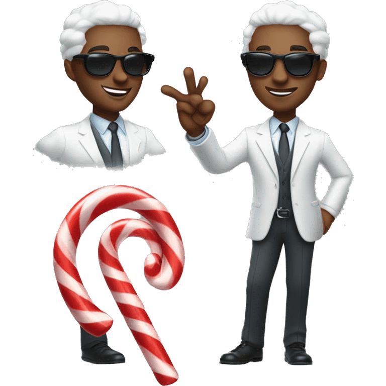 black man in suit and sunglasses twirling peppermint candy cane and making okay signal with his fingers  emoji