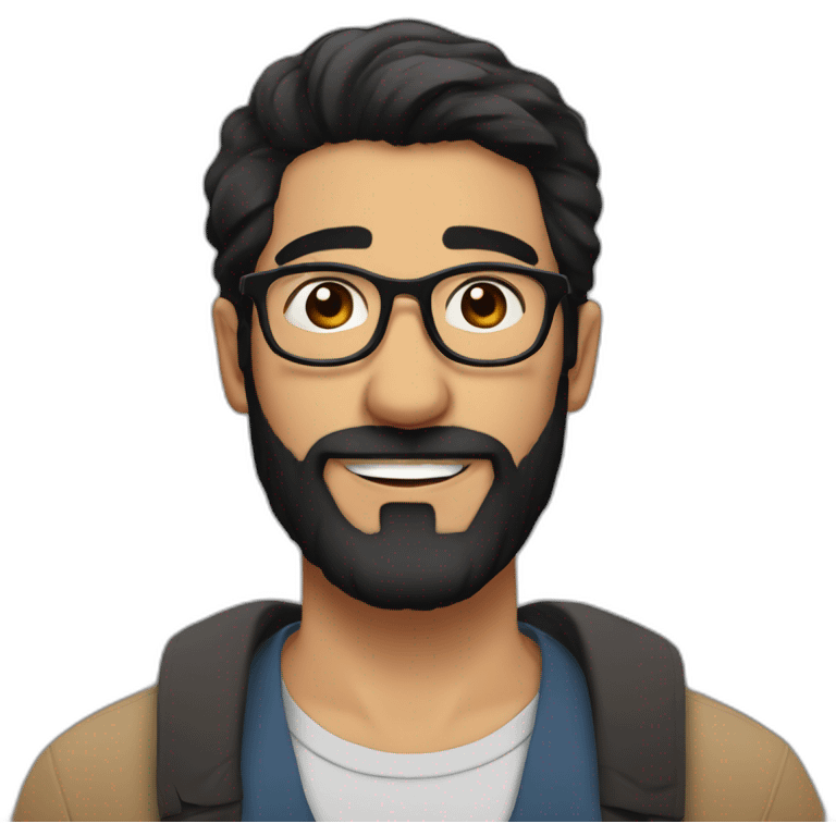 Arabic man, short black hair, round hipster glasses, dark beard and mustash, round-ish face, brown eyes, beautiful smile emoji