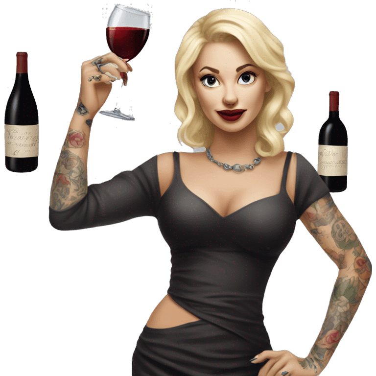 Blonde elegant women, her body covered with tattoos, wine in her one hand, Pointing Forward with her Other Hand , Hyper realistic emoji