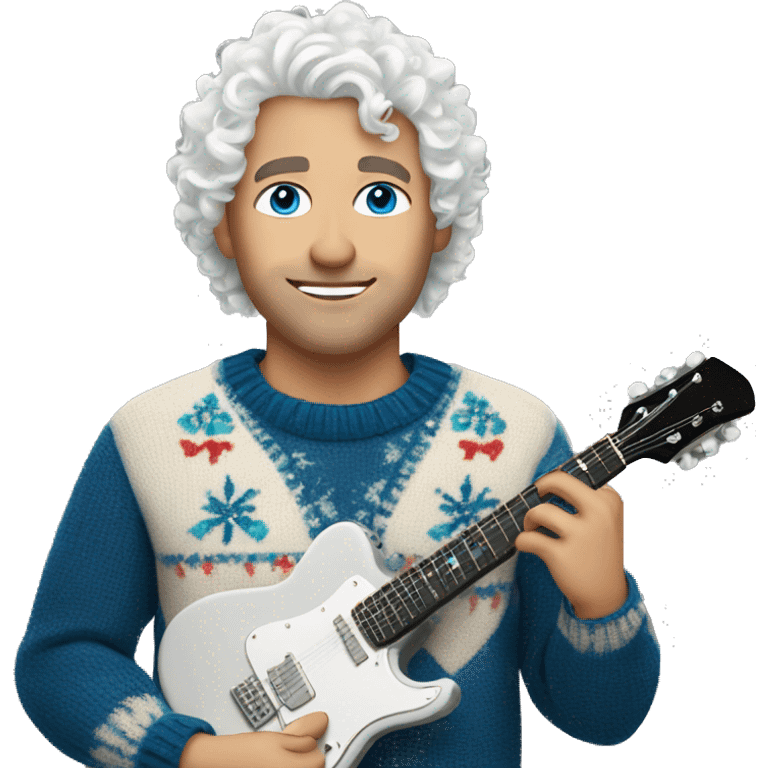 a man with blue eyes, white curly hair and a New Year's sweater holding a guitar emoji