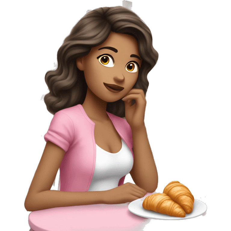 Attractive brunette girl sitting on a white chair wearing jeans and white shoes and pink top with a pink bow in her hair eating a croissant at a table in Paris  emoji