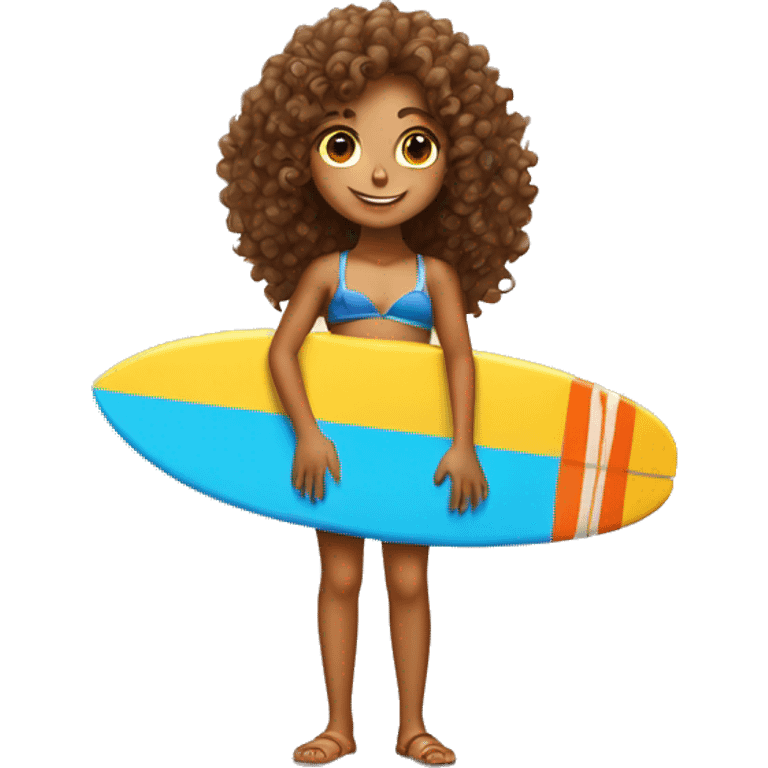 Curly haired tanned girl holding a surfboard emoji