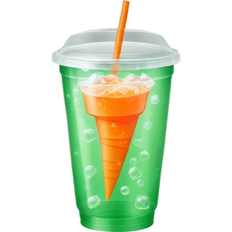 Realistic clear plastic cup with flat green see through plastic lid half filled with Transluscent orange soda inside of the cup with carbonation bubbles and carrot shaped ice cubes.  emoji