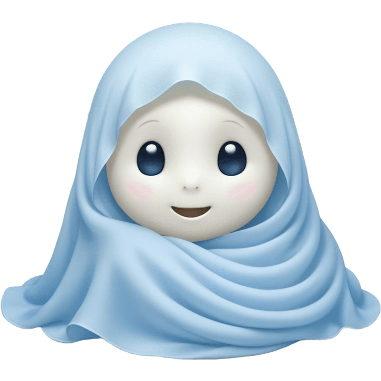 An adorable, peacefully floating sheet-like ghost in gentle pastel whites and blues, its soft, rounded form loosely draped, head resting with closed, serene sparkling eyes and a tiny, contented smile, simplified yet irresistibly charming, highly detailed, with a soft glowing outline that captures the essence of a sleepy, endearing spirit wrapped in cozy slumber! emoji