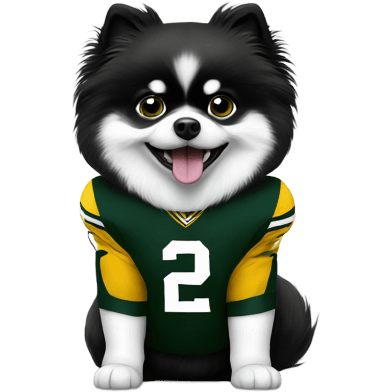 Black and white Pomeranian wearing Green Bay Packers emoji