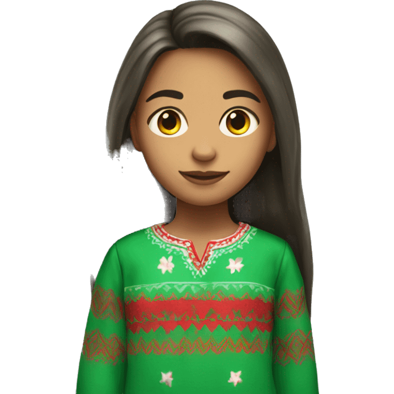 Mexican 13 year old girl with long hair and green and red pajama pants emoji