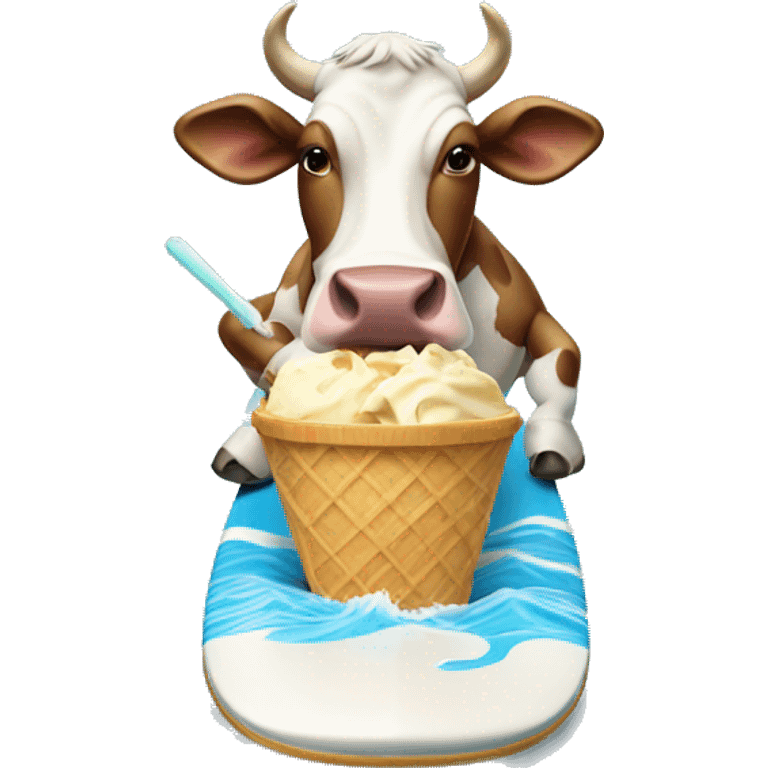 Cow on a surfboard eating an icecream emoji