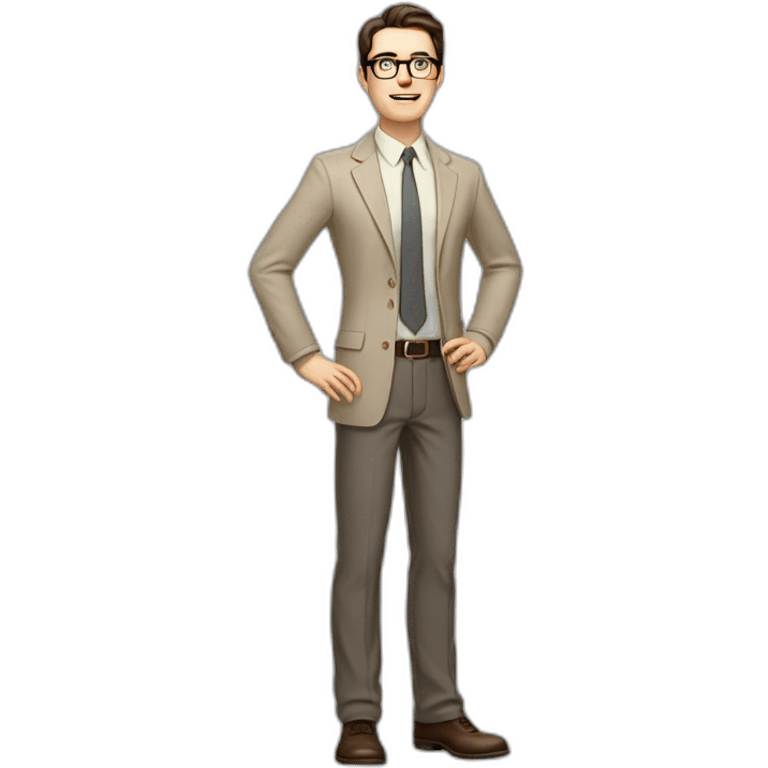 Full height Actively Gesturing Pale skinned fit man with dark brown hair in gray jacket, beige office shirt, brown tie, brown pants and vintage glasses. emoji