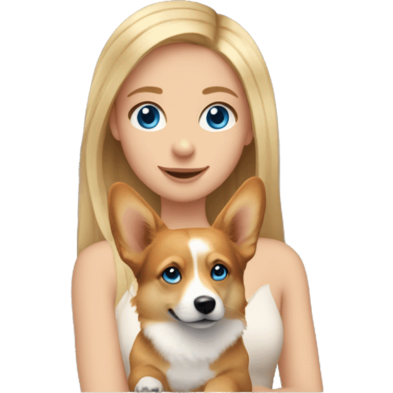 a girl with long blonde hair, she has blue eyes and a narrow nose and in her hands is a dog corgi emoji