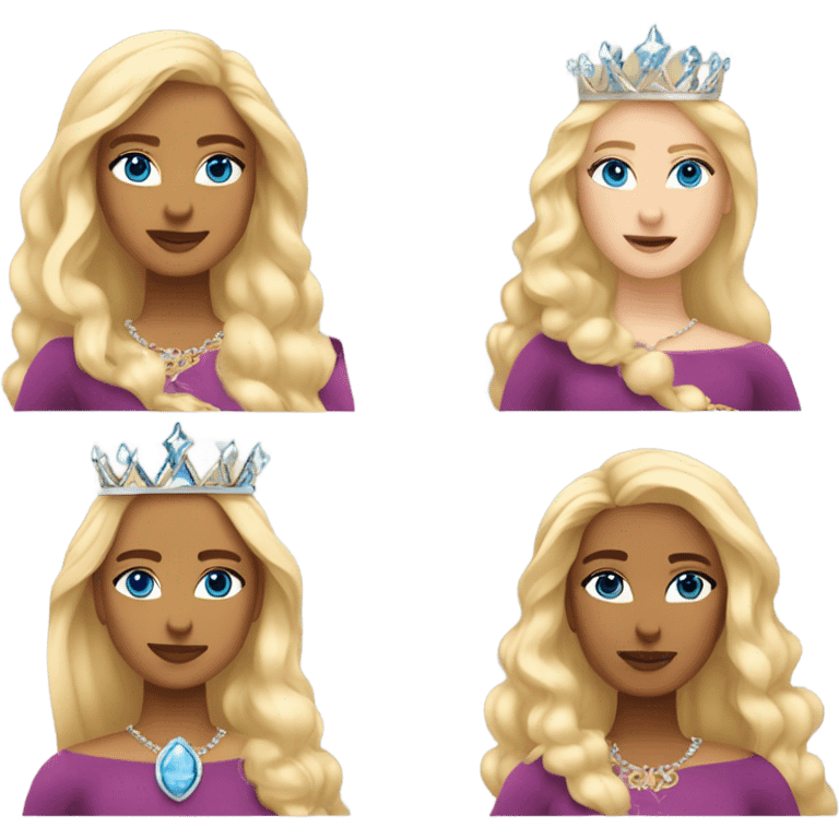 A queen with blonde hair, blue eyes, a crown, and sleek, smooth hair  emoji