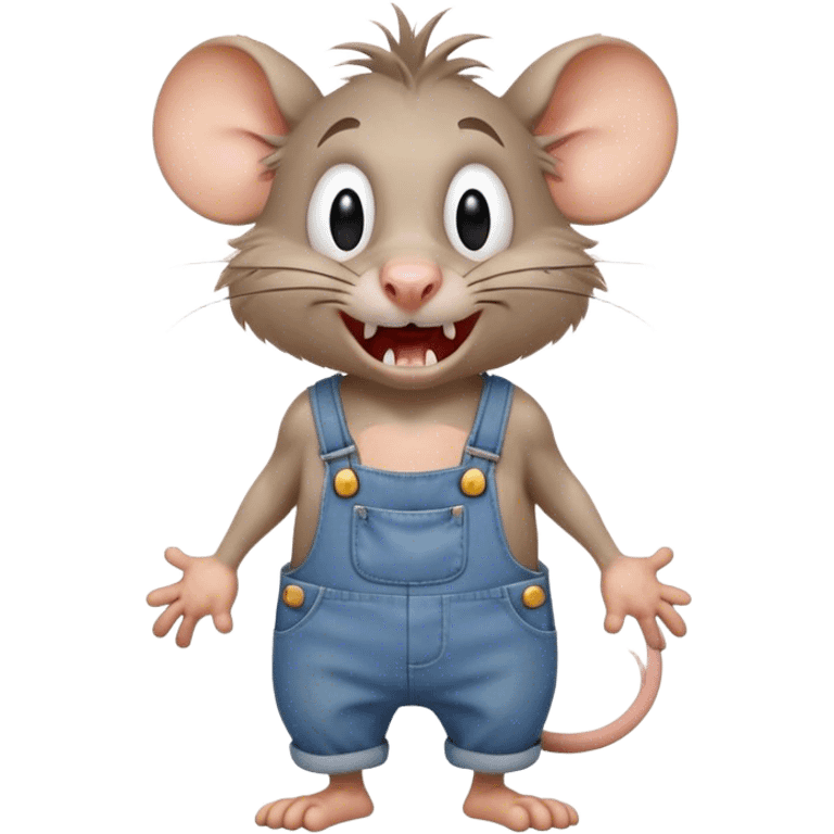 disheveled dizzy cartoon hillbilly rat wearing overalls no shirt. standing and talking full body. human eyes. teeth showing talking. walking talking moving arms. reacting upset emoji