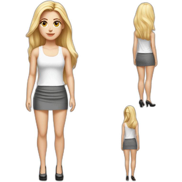 hyperrealist caucasian long blonde haired brown eyed woman white tank top gray tight mini skirt black high heel shoes full body emoji