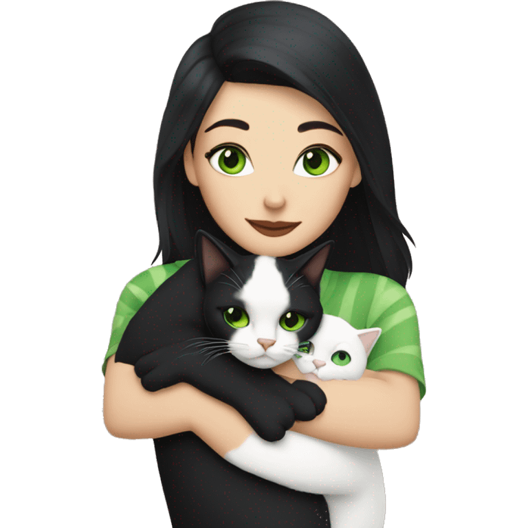 A white woman with black hair and green eyes hugs a black cat with a stripe on her face emoji