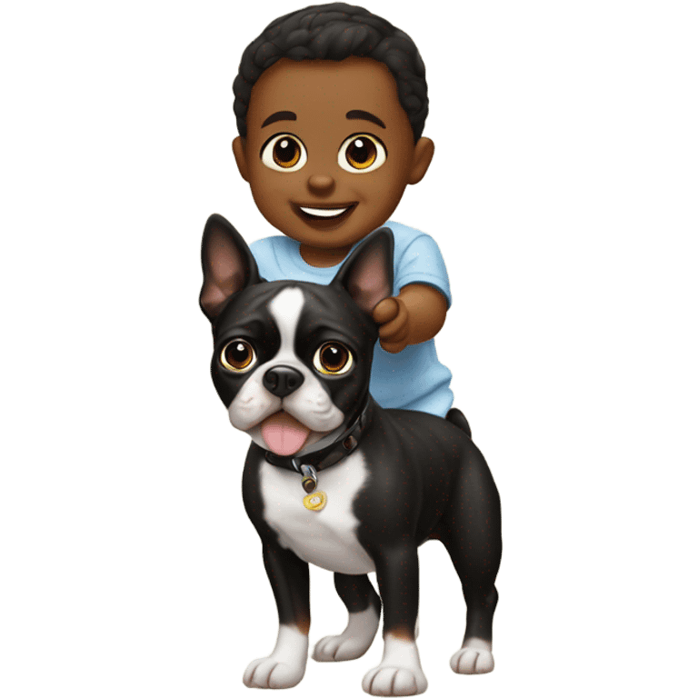 Baby riding Boston terrier  emoji