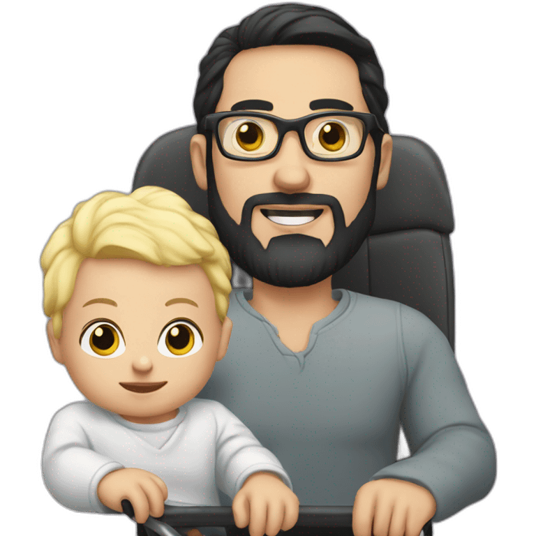 White man with Black hair,  beard and glasses pushing buggy with blonde baby emoji