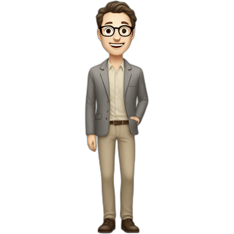 Joyful Full height Pale skinned Fit Man With dark brown hair in gray jacket, beige office shirt, Brown pants and vintage glasses. His thrumbs up emoji