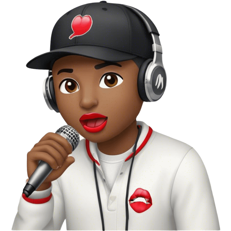 Create a dynamic and energetic emoji that represents beatboxing. The design should feature a stylized microphone with lips and sound waves emanating from it and baseball cap on it, symbolizing vocal percussion and rhythm. Add elements like headphones or a subtle speaker to emphasize the music production aspect. Use bold colors like black, white, and red to convey the intensity and creativity of beatboxing. The background should be transparent. emoji