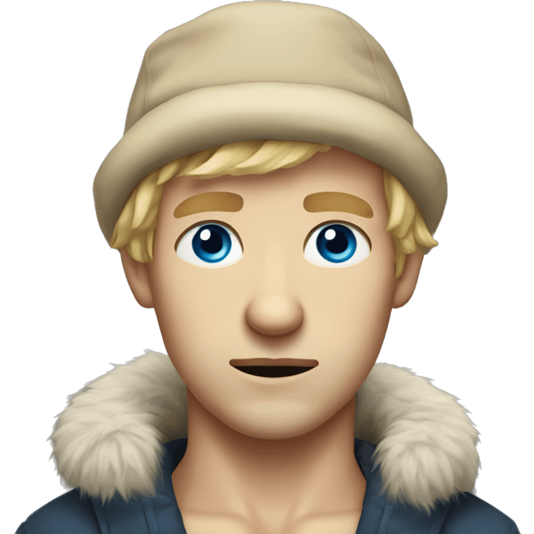 male portrait in fur hat blue eyes blonde hair and sad emoji