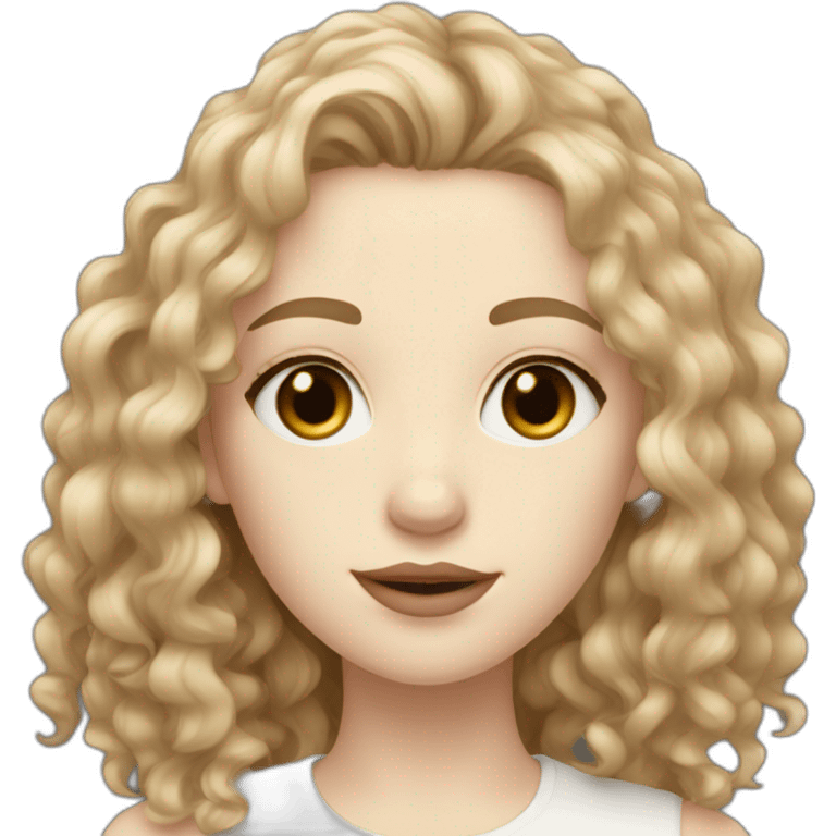 pale skin, long curly dark blonde hair, brown small eyes, full lips emoji