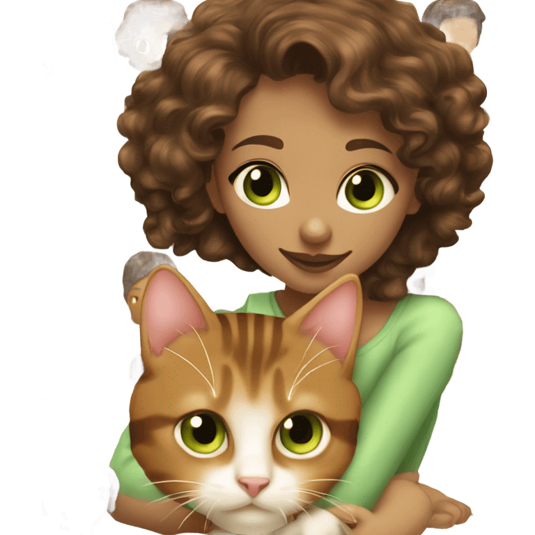 Girl with fair skin and long, dark brown curly hair and hazel eyes kissing a brown tabby cat with green eyes on its head emoji