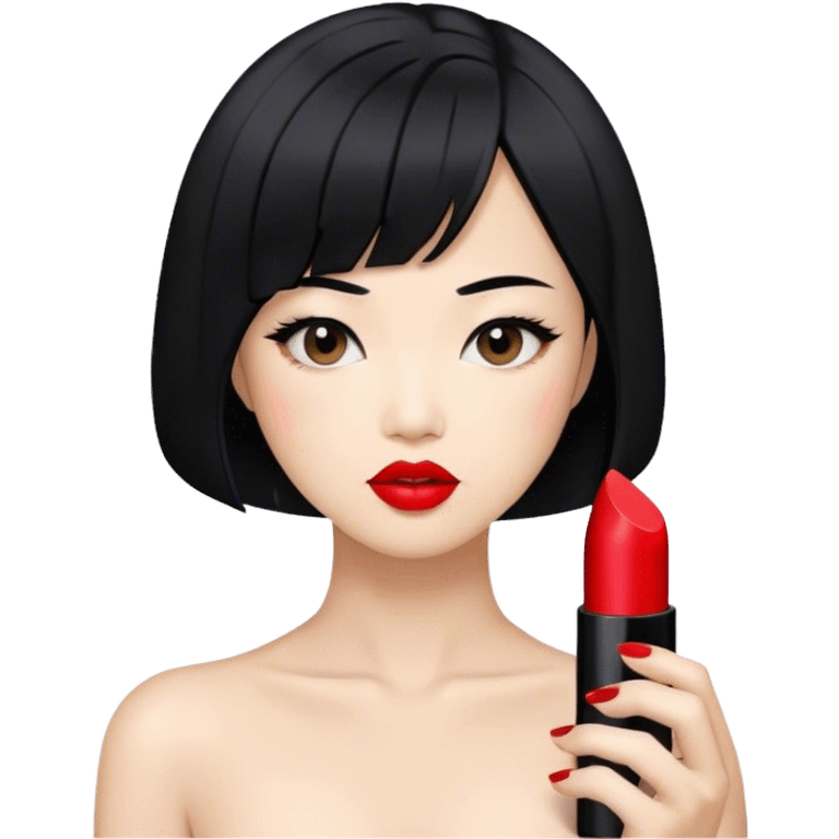 Asian woman, The lips are painted with red lipstick, the woman has a black bob haircut emoji