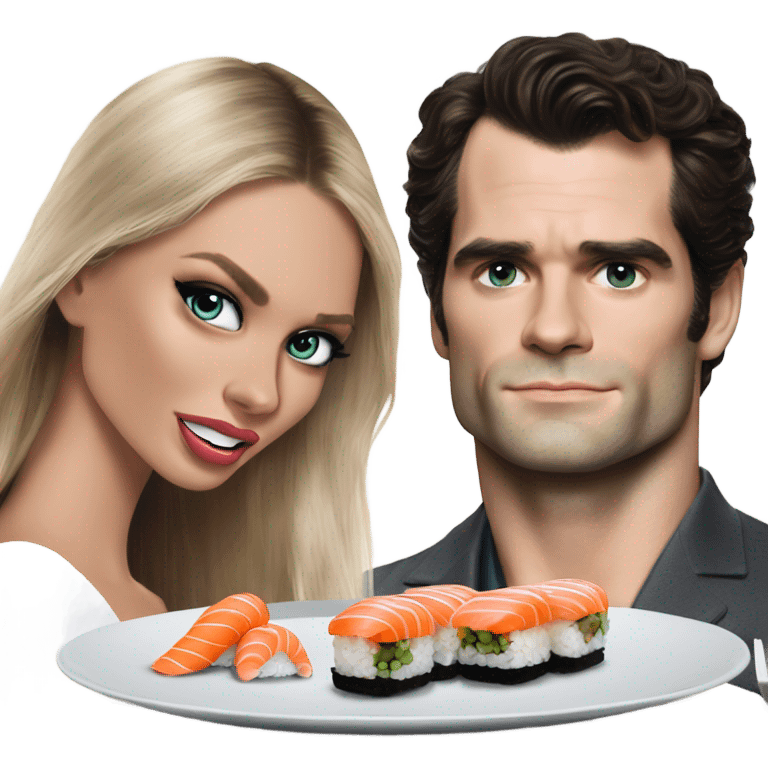 realistic photo of Henry Cavill eating sushi with a beautiful  victoria secret model  emoji