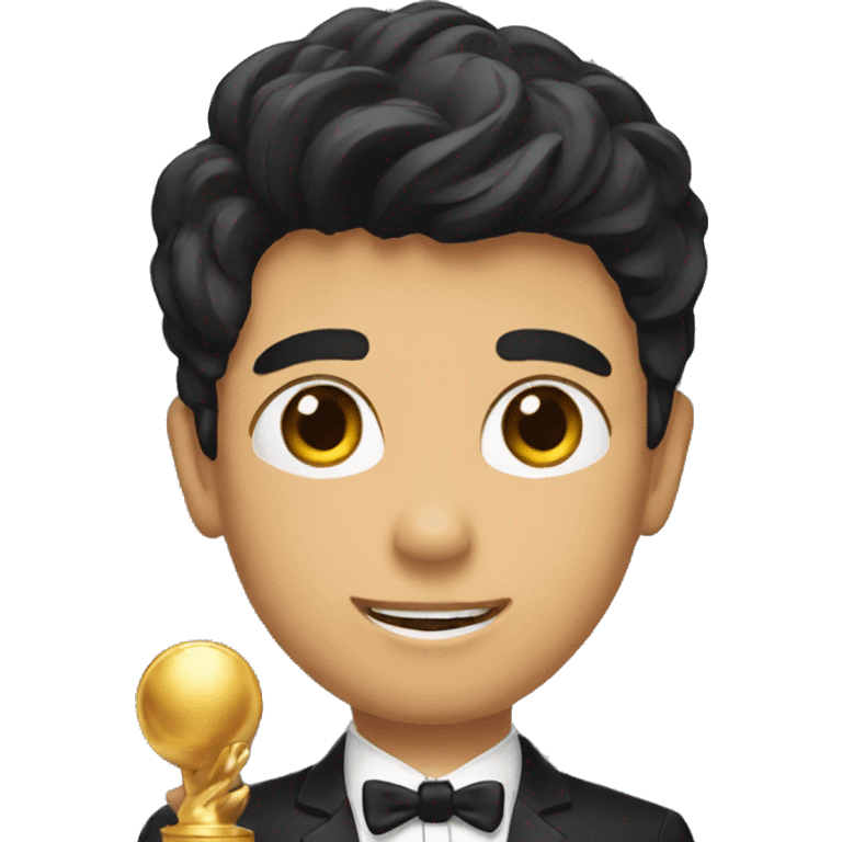 A boy with brow hair with a black suit holding a trophey  emoji