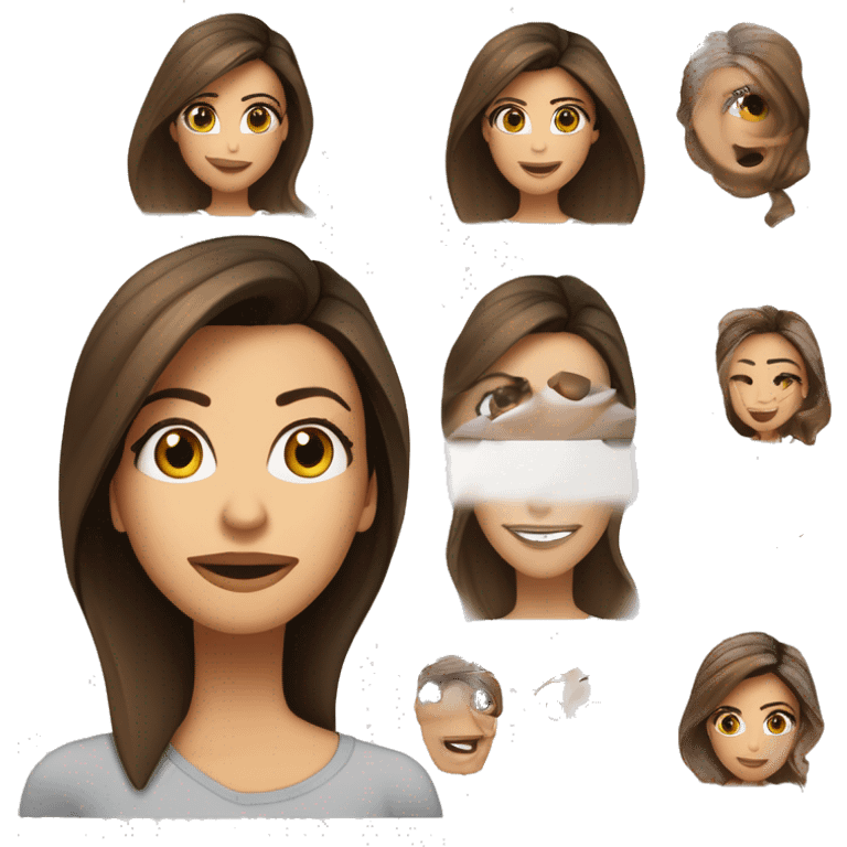 visage 3/4, contrasté, ombre, lumière, expression eva longoria, debout de loin, nez fin, femme brune, yeux noisette, longs cils, cheveux foncés dégradés épaule, t-shirt blanc, jean, baskets blanches emoji