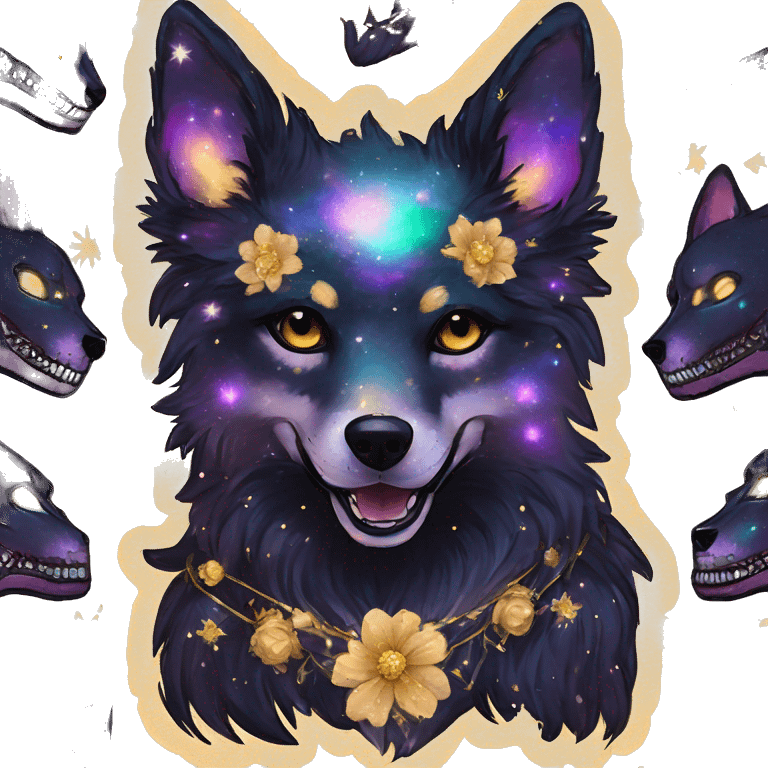 Black iridescent fluffy dog fox head zombie skull skeleton gold mechanical nebula galaxy stars colorful flowers fairy lights vintage emoji