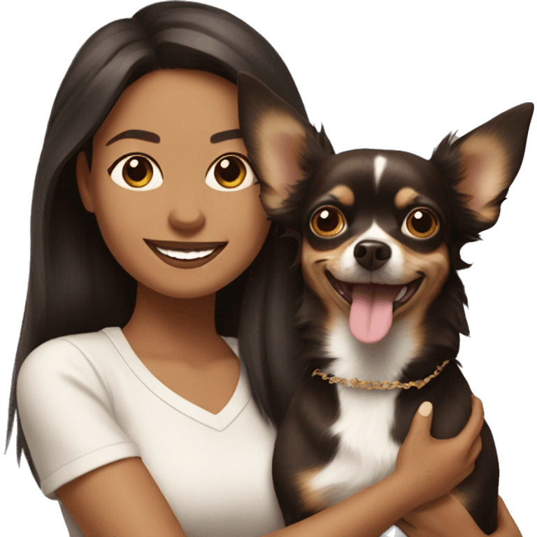 light skin woman with long dark brown hair expressing joy alongside a chihuahua emoji