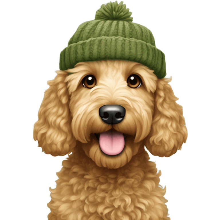 Mini goldendoodle in olive green winter hat  emoji