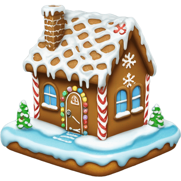 Gingerbread house with cute snowflakes on and dripping icing on to resemble snow and ice, with Windows and a door emoji