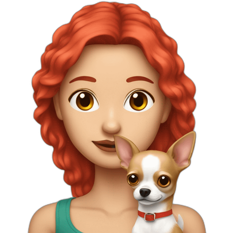 mujer blanca de pelo largo rojo con su perro Chihuahua en los brazos emoji