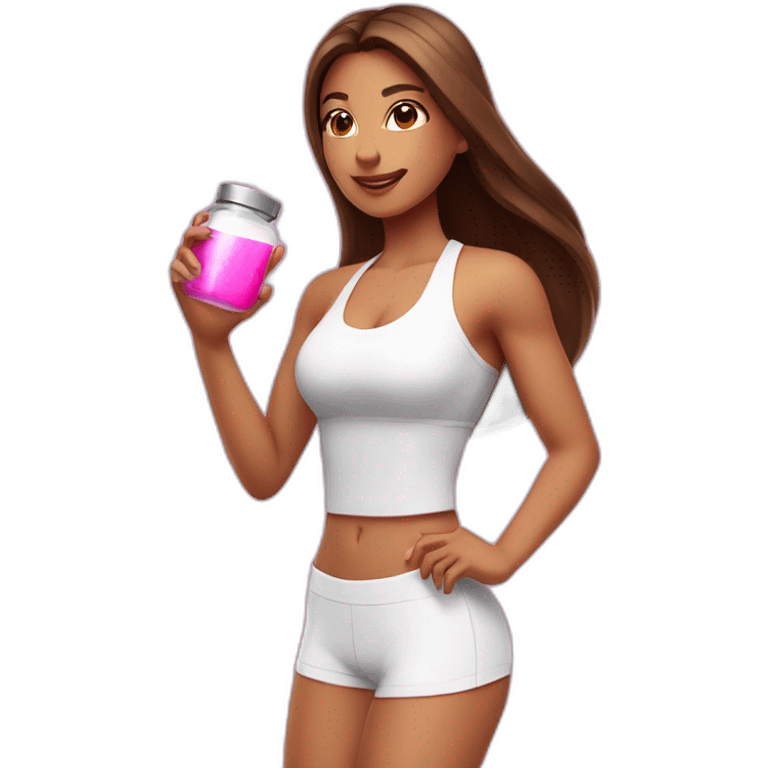 fitness girl with straight long brown hair, wearing a white strappy tops and holding a pink magic potion emoji